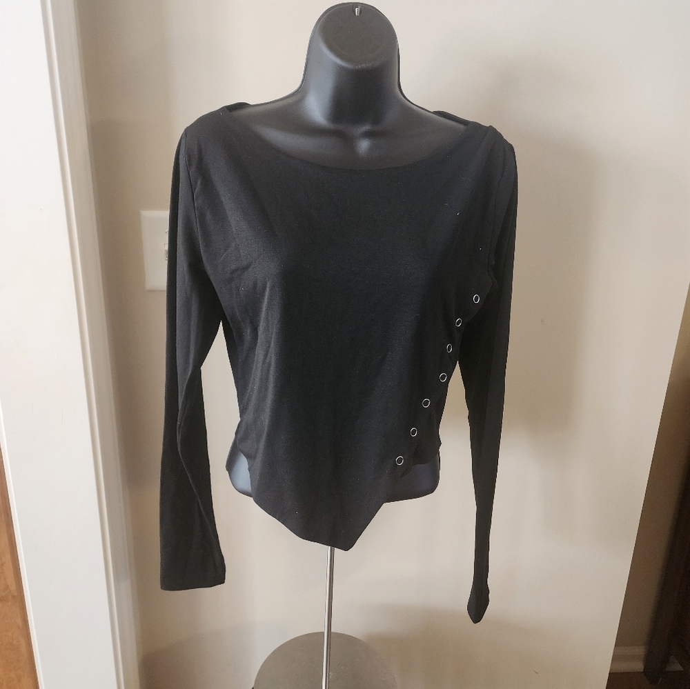 JJ - Chic Black Long Sleeve Top with Button Detail